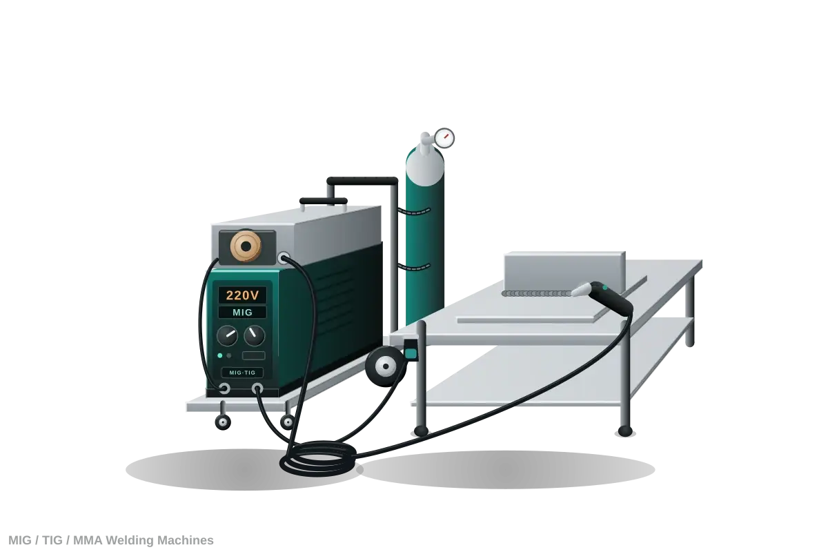 Arc welding machine with MIG torch welding a steel joint
