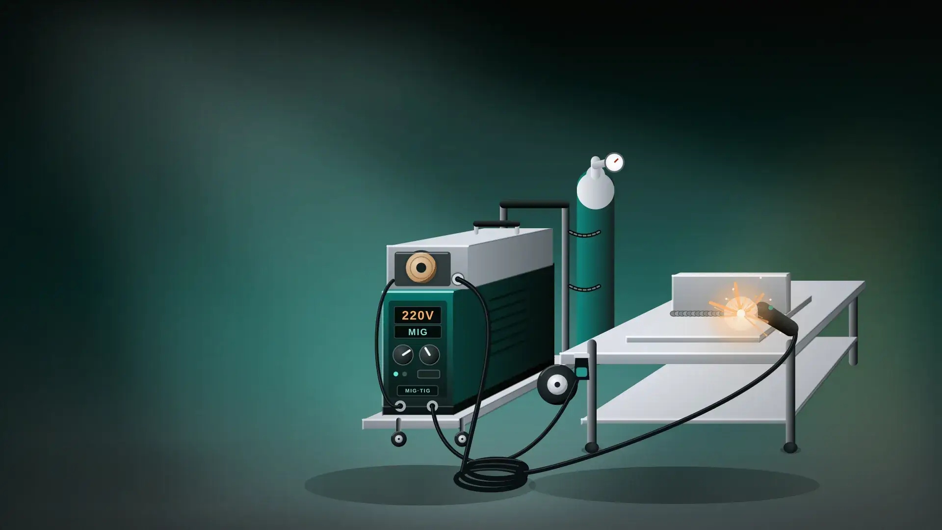 Illustration of a MIG welding set on a trolley with the torch welding a workpiece