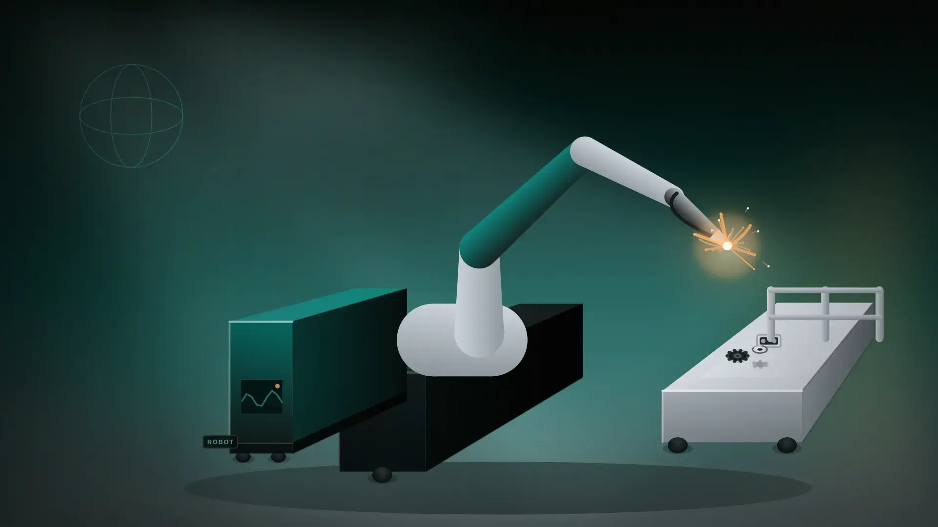 Illustration evoking RA Machine's export reach, globe light forms