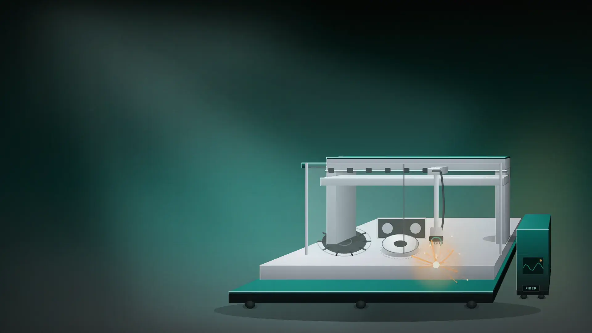 Illustration of a fiber laser cutting machine gantry under industrial light