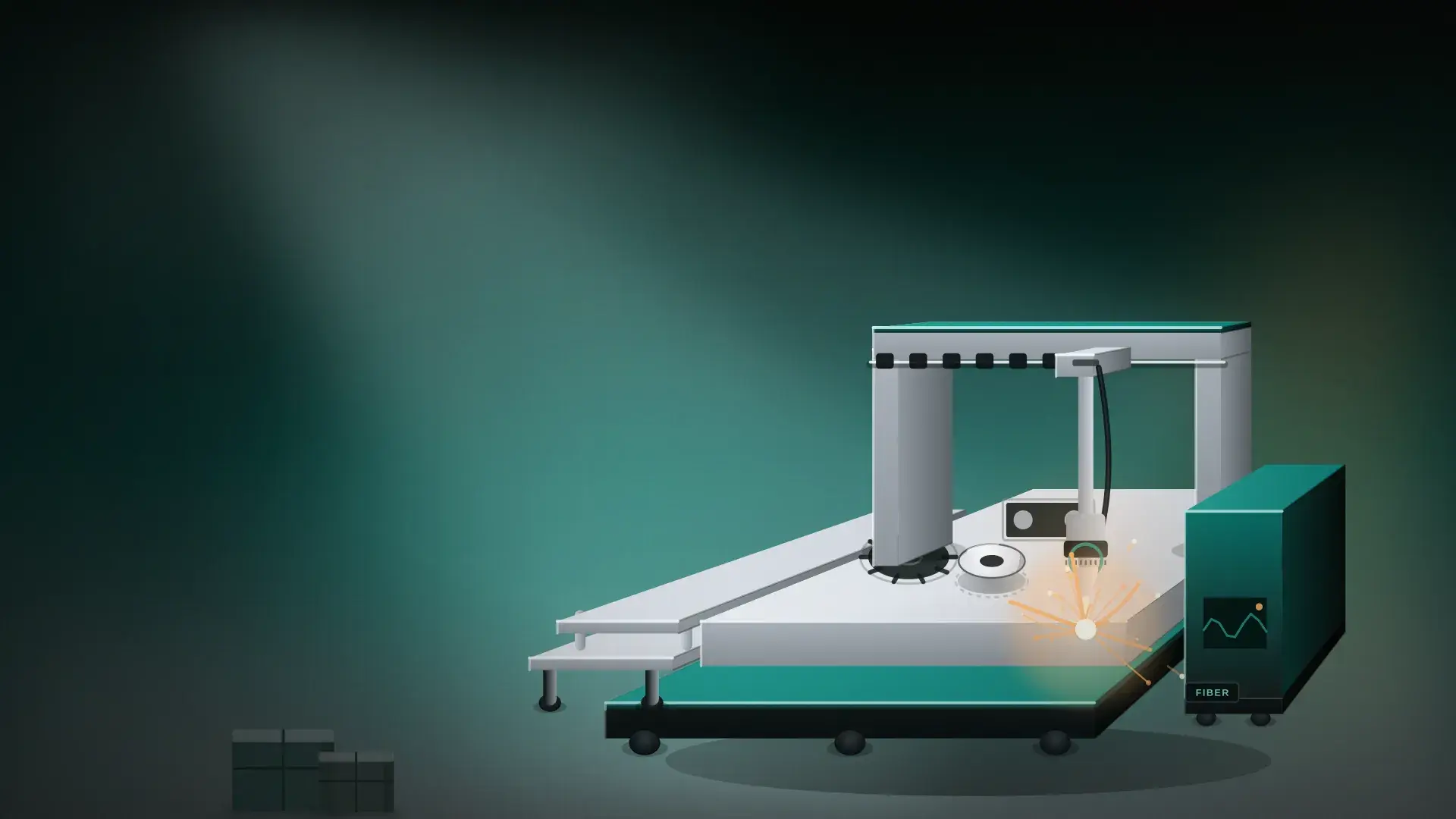 Wide illustration of the RA Machine factory floor in soft teal-tinted light
