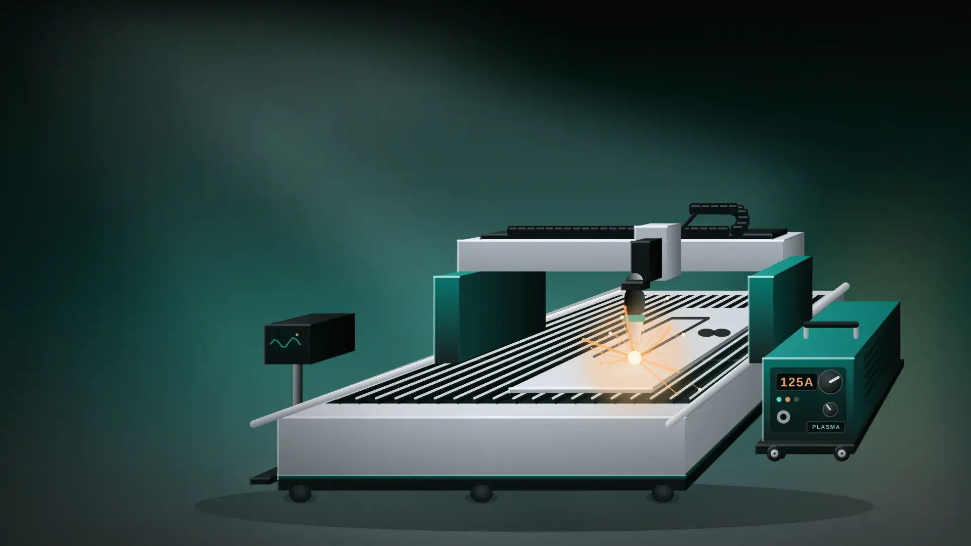 Illustration of a CNC plasma cutting table with the torch cutting steel plate