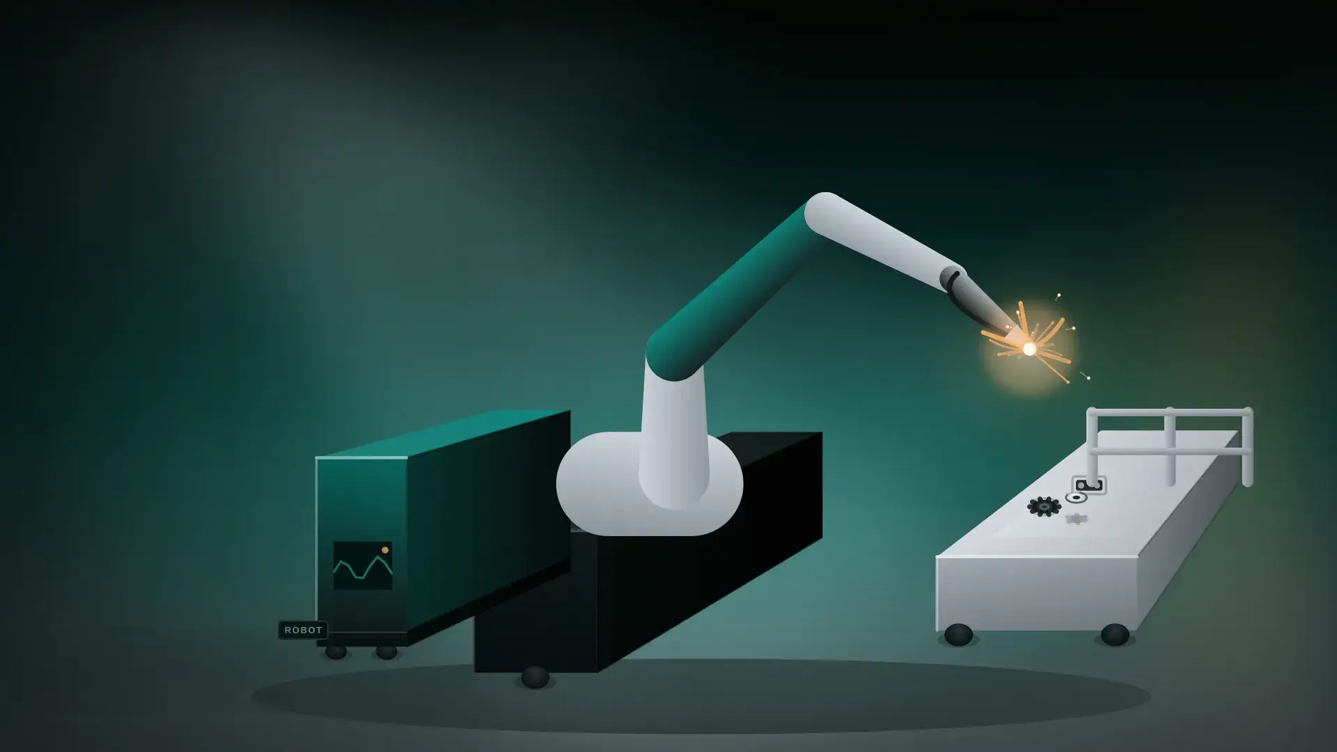 Illustration of a robotic welding cell mid-weld with bright arc sparks
