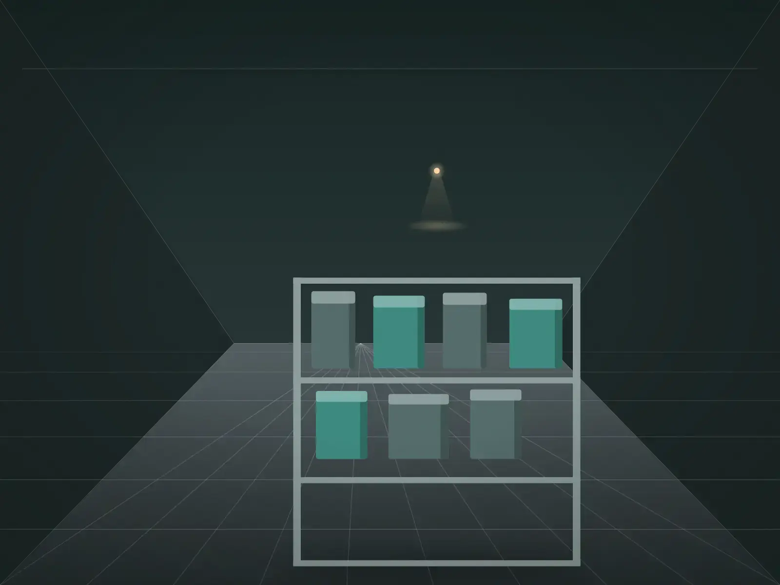 Illustration of a warehouse spares rack stocked with machine parts